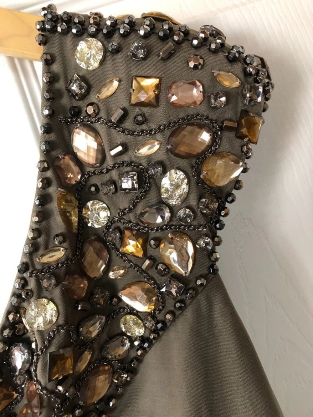 Y2K-Bebe Olive Green Dramatic Beaded w/Crystals 1 Shoulder - Picture 11 of 16